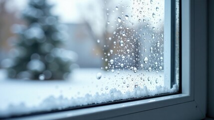 Aufkleber - Winter's Breath A Close-Up View of Water Droplets on a Windowpane, with a Softly Blurred Snowy Landscape Visible Through the Glass