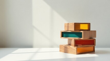Aufkleber - Stack of Wooden Blocks with Brightly Colored Inserts Displayed on a Table