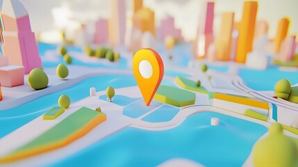 Poster - 3D Rendered Colorful City Map with Navigation Pointer for and Urban Infrastructure Visualization