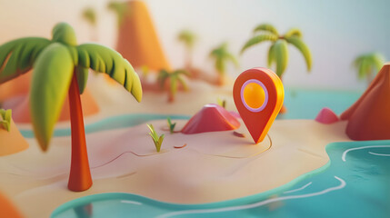 Aufkleber - 3D rendered digital artwork depicting a tropical paradise island with a navigation pin marker on a minimalist geometric landscape map  The scene features palm trees a blue ocean and a sunny sky