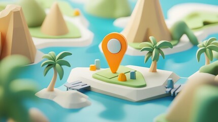 Poster - 3D Rendered Map Marker Pin Placed on a Tropical Island Landscape with Palm Trees Ocean and Sandy Beach  Concept for Tourism Travel Adventure and Navigation