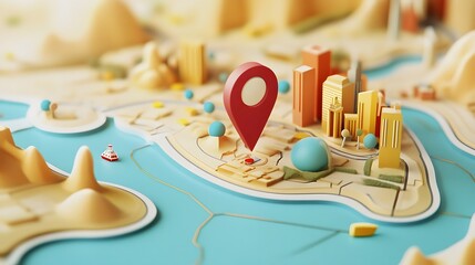 Poster - 3D rendered of a stylized map with a red pin pointer indicating a travel destination or landmark  The map showcases a cityscape with buildings roads and a mountainous landscape in the background