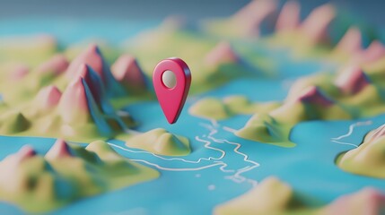 Poster - 3D Stylized Topographic Map with Navigation Pin Marking Destination Location  Abstract Digital of a Conceptual Landscape Background with Vibrant Color Palette and Geometric Patterns
