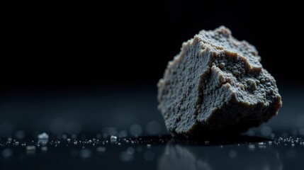 Fototapete - A Textured Cubic Form with Granular Surface, Resting on a Dark Reflective Plane, Illuminated by Subtle Ambient Light