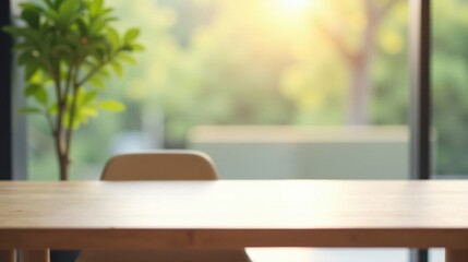 Aufkleber - Sunlit Wooden Table with a Blurred Background of Greenery and a Chair