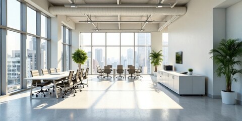 Poster - Modern, sunlit office space with expansive windows, minimalist furniture, and a large conference table