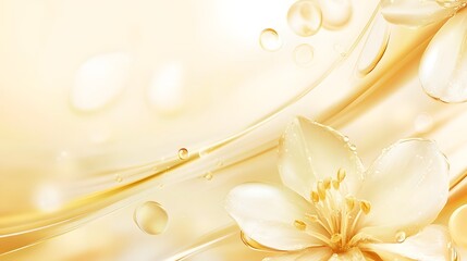 Poster - A close up shot of a beautiful white flower in full bloom its delicate petals glistening with tiny dew drops against a soft warm yellow background  The image exudes a sense of tranquility purity