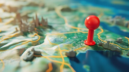 Poster - A close up view of a red compass pin firmly placed on a detailed colorful topographic map indicating a specific location or destination for navigation