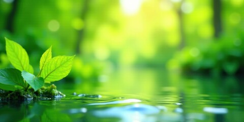 Aufkleber - Serene Green Leaves Emerging from a Tranquil Water Surface in a Lush Forest Setting
