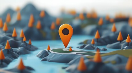Poster - A minimalist abstract aerial view of a rugged mountainous landscape with a navigation pin icon prominently displayed representing the concept of wayfinding in a remote scenic environment