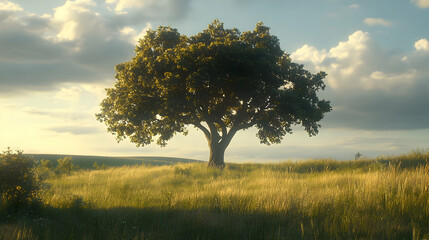 Sticker - Lone oak tree in field, sunset, peaceful landscape, nature