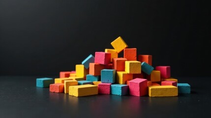 Poster - A colorful arrangement of small painted cubes forms a vibrant, haphazard pile against a dark background.