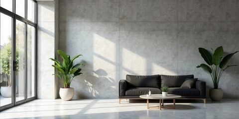 Aufkleber - Modern Minimalist Living Room Interior Design with Concrete Wall, Large Windows, and Black Sofa