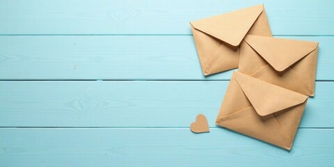 Poster - Kraft Envelopes and a Small Heart on a Light Blue Wooden Surface A Romantic Composition for Correspondence