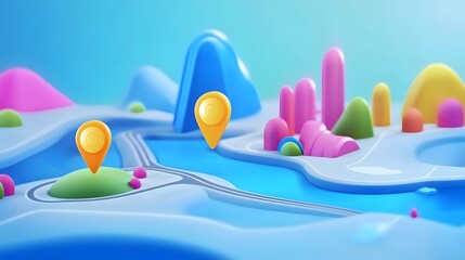 Poster - A whimsical and imaginative 3D depicting a vibrant stylized cartoon landscape with various colorful app interface elements such as pins pointers compass and map