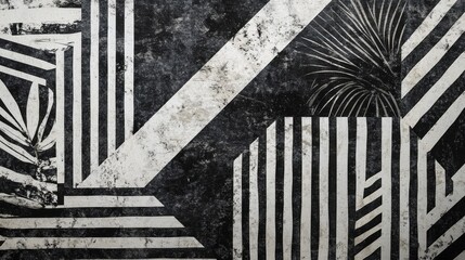 Wall Mural - Abstract Black and White Geometric Pattern with Tropical Leaf Accents