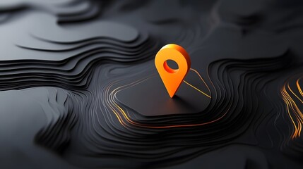 Poster - Abstract 3D digital technology background featuring a vibrant orange map pointer icon representing the concepts of location navigation connectivity