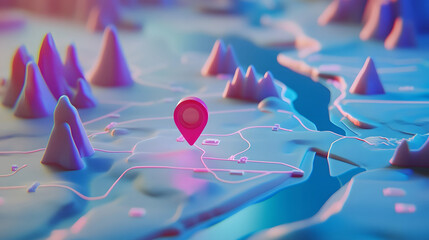 Leinwandbilder - Abstract 3D geographical map with heart shaped location pin symbol representing love relationship or travel destination  Colorful topographic landscape with mountains hills valleys and waterways