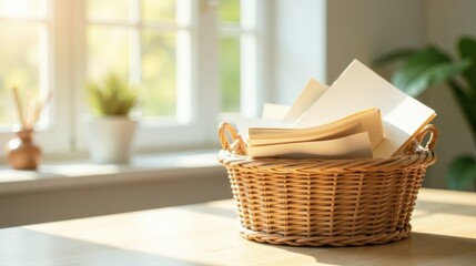 Poster - Sunlit Still Life A Woven Basket Filled with Blank Paper Pages Resting on a Wooden Table by a Window