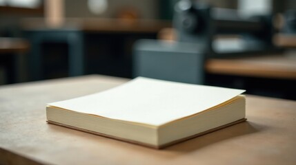 Poster - A Blank Cream-Colored Book Resting on a Light Brown Wooden Table in a Studio Setting