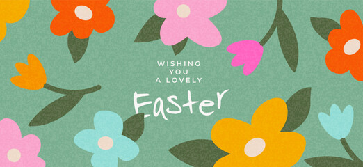 Wall Mural - happy easter. trendy easter design with typography and hand drawn pattern with spring flowers. moder