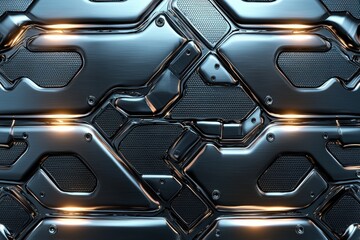 Poster - Seamless pattern featuring chrome and steel textures with glowing edges for an industrial aesthetic