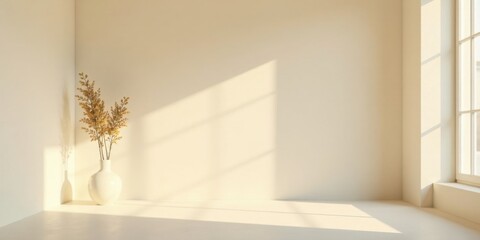 Aufkleber - Serene Minimalist Room Corner with Dried Flowers in Vase, Sunlit Wall and Window