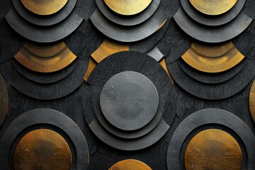 Poster - Luxurious seamless pattern of metallic circles in silver and gold on textured black backdrop