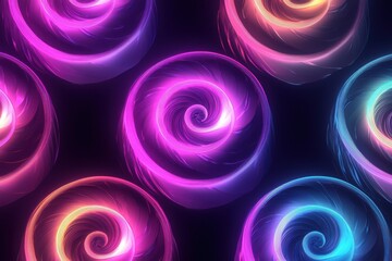 Poster - Glowing abstract spirals create a dynamic seamless pattern in soothing pastel neon colors on a dark reflective background