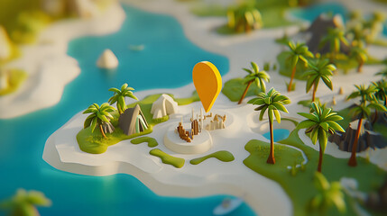 Poster - Aerial drone view of a stunning tropical paradise island with turquoise lagoon palm trees and GPS location marker  This idyllic island destination is perfect for a serene and exotic adventure