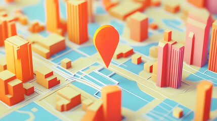 Poster - Aerial isometric 3D of a modern city skyline with skyscrapers streets and a GPS navigation location marker representing urban planning infrastructure development and digital mapping technology