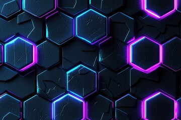 Poster - Seamless pattern of glowing neon hexagons on textured black background creates a futuristic and sleek atmosphere