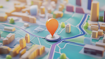 Aufkleber - Aerial overhead view of a city map with a GPS navigation pin pointer marker highlighting a specific location or route on the urban landscape of buildings streets and transportation infrastructure
