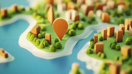 Leinwandbilder - Aerial overhead view of a cozy countryside village with a map pin marker placed on the picturesque rural landscape featuring rolling hills winding streams lush greenery and traditional architecture