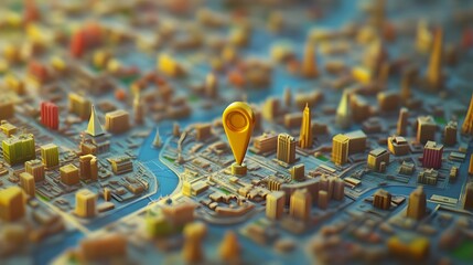 Poster - Aerial overhead view of a detailed city map with GPS navigation pin pointer and transportation network infrastructure  Concept of urban planning tourism travel digital technology