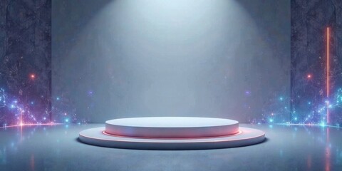 Poster - Elevated Platform with Glowing Neon Accents and Abstract Particle Effects in a Dark Room