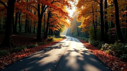 Poster - Autumnal Pathway Through a Sun-Dappled Forest of Golden and Orange Leaves on a Winding Road