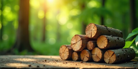 Aufkleber - Stack of Wooden Logs in a Forest Setting at Golden Hour
