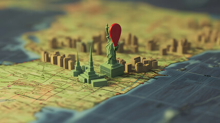 Poster - Aerial overhead view of a modern futuristic cityscape with skyscrapers buildings and infrastructure on a digital world map with a location pin marker symbolizing globalization technology