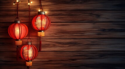 Wall Mural - Festive holidays banner featuring elegant oriental lantern decoration on a rustic wooden background with warm glowing lights, creating a cozy and traditional ambiance for celebratory and seasonal fest