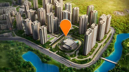 Poster - Aerial panoramic view of a dynamic modern city with high rise skyscrapers office buildings and a lush green urban landscape with roads bridges and waterways