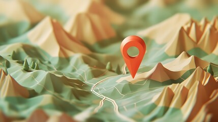 Aufkleber - Aerial Panoramic View of Abstract Mountainous Terrain with Digital Navigation Pin Pointer Symbol Representing Destination or Landmark on a Conceptual Global Cartography Map