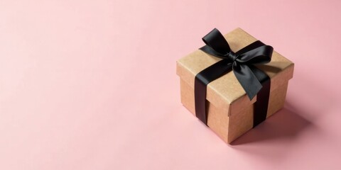 Poster - A thoughtfully wrapped gift box with a black satin ribbon sits on a pale pink background, ready for a special occasion.