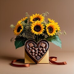 Wall Mural - A chocolate heartshaped box and sunflower bouquet orange on plain brown background