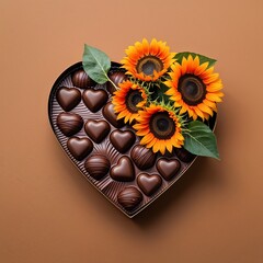 Canvas Print - A chocolate heartshaped box and sunflower bouquet orange on plain brown background