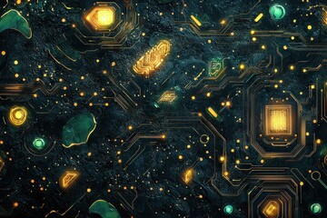 Poster - Surreal glowing circuit board pattern with abstract shapes in gold and green against a dark backdrop