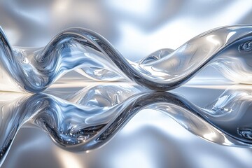 Poster - Fluid mercury shapes create a dynamic surreal pattern on a reflective surface in a futuristic setting
