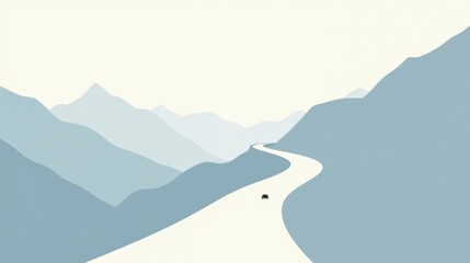 Poster - Serene Journey A Single Vehicle Navigates a Winding Road Through a Misty Mountain Range