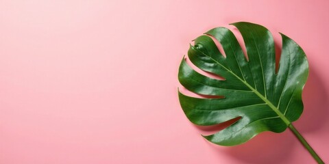 Aufkleber - A single vibrant green tropical leaf rests on a soft pink background, offering a serene and minimalist nature-inspired design element perfect for various creative projects and applications.
