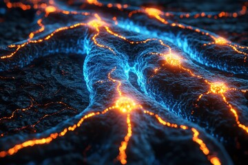 Poster - Glowing neural pathways create an intricate circuit pattern in vibrant blue and orange hues on a textured dark surface